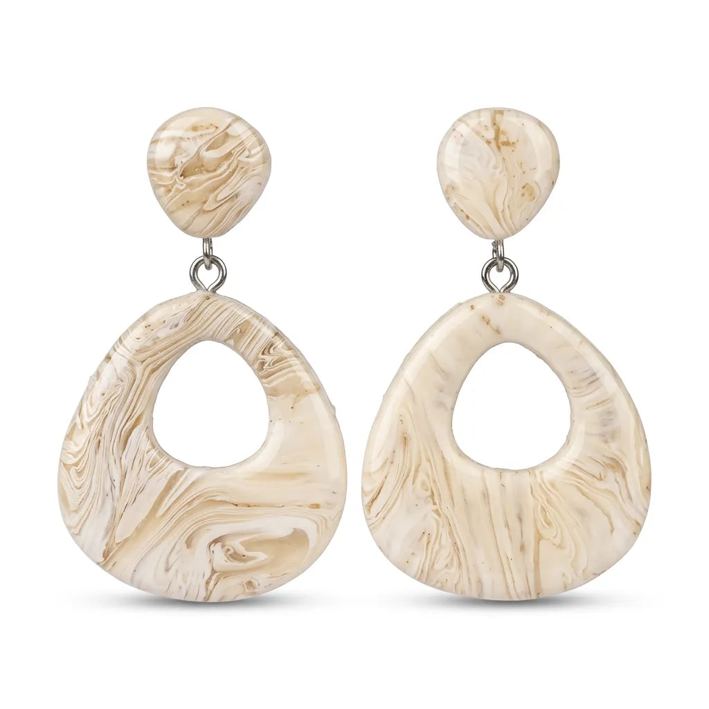 "A pair of Diddit Mother of Pearl teardrop drop earrings featuring a small round top and open circular drop, with a cream and beige marbled finish, photographed on a white background."

