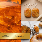"A Diddit Amber collage featuring a large amber stone close-up, a pair of square dangling earrings with silver hooks, a pendant with an amber inset on a chain, and a gold banner reading 'Make Your Own Amber'."