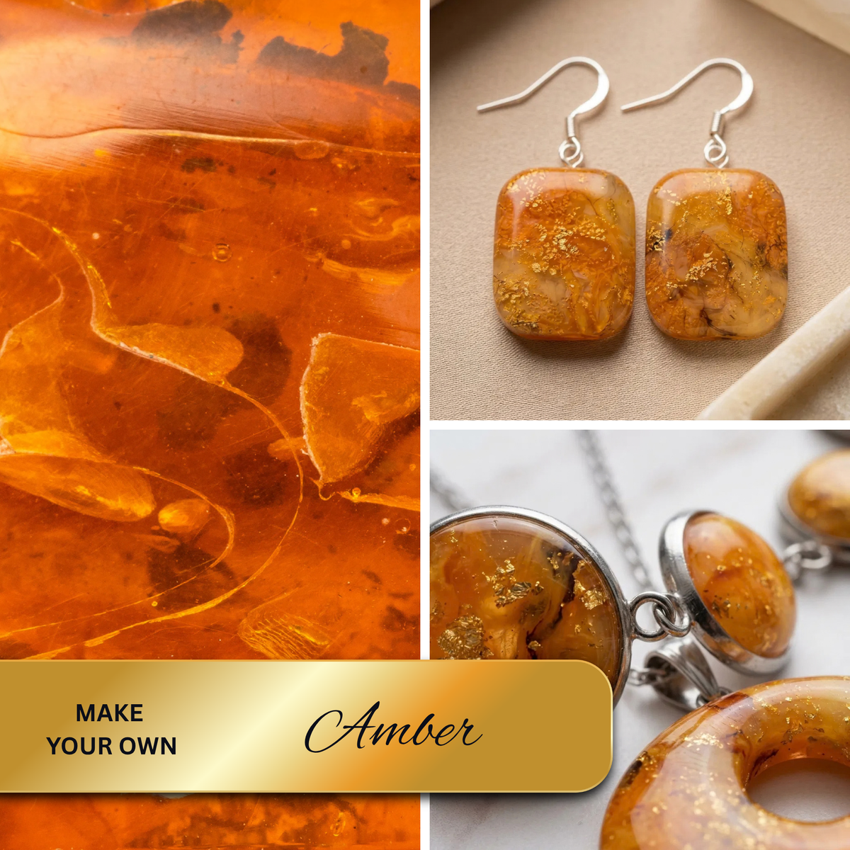 "A Diddit Amber collage featuring a large amber stone close-up, a pair of square dangling earrings with silver hooks, a pendant with an amber inset on a chain, and a gold banner reading 'Make Your Own Amber'."