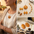 "A three-panel Diddit Amber collage featuring a woman wearing a round amber pendant necklace and matching drop earrings, additional jewellery pieces laid out on a stone surface, and a gift box containing two larger irregular amber earrings."