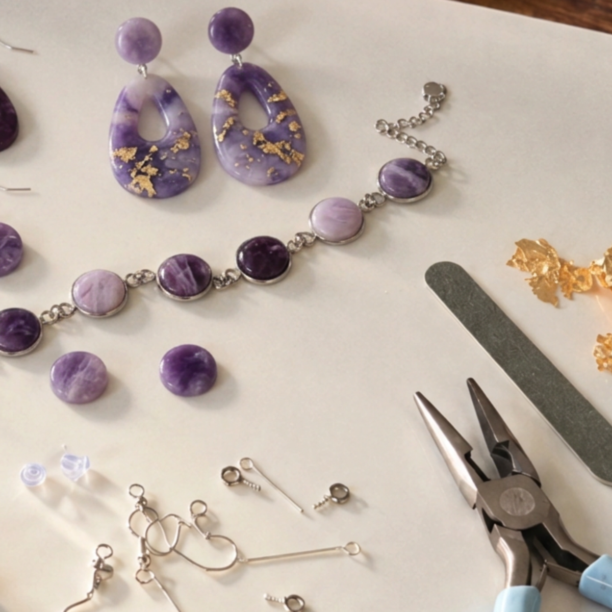 "Diddit Amethyst jewellery components laid out on a light surface, including teardrop drop earrings, a bracelet, round beads, findings, and metal tools including pliers and a nail file."