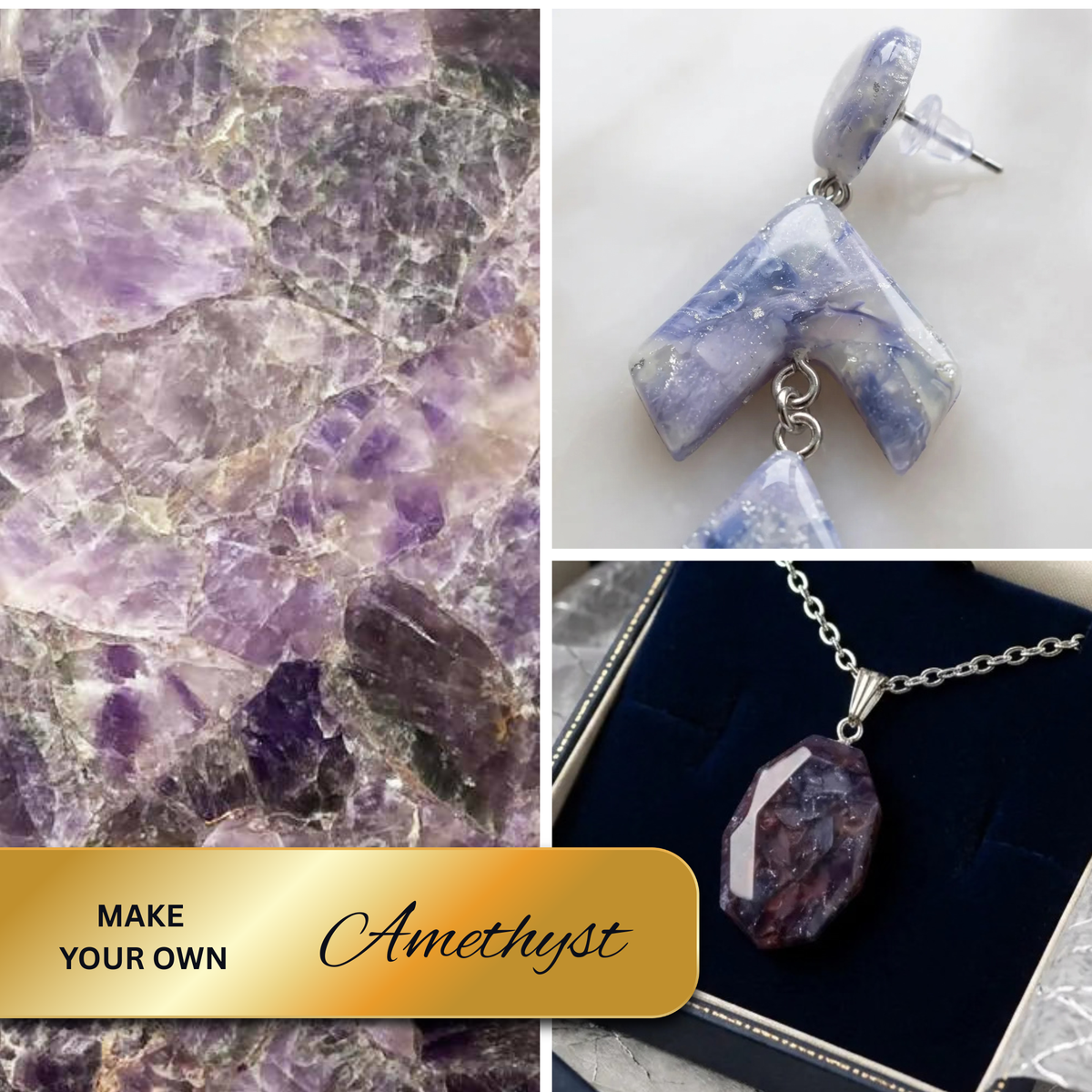 "A Diddit Amethyst collage featuring a close-up of purple amethyst crystal texture, a pair of dangling amethyst drop earrings in silver, and an oval amethyst pendant on a necklace chain displayed in a dark box, with a gold banner reading 'Make Your Own Amethyst'."