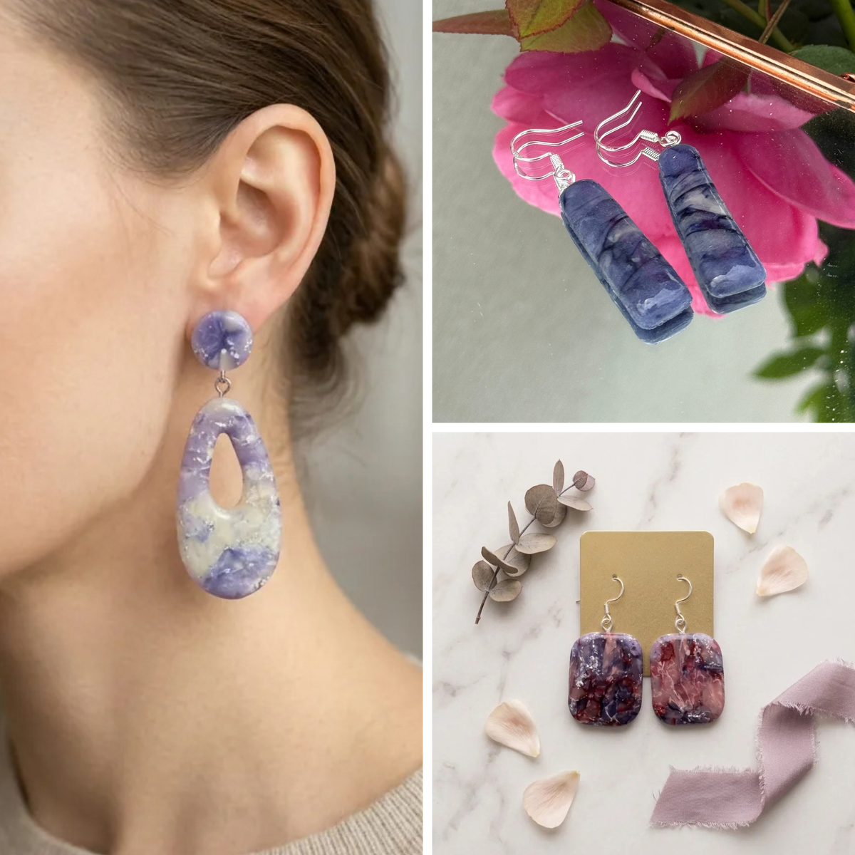 "A three-panel Diddit Amethyst collage showing lavender and white marbled drop earrings worn on a model's ear, hanging from a pink flower, and displayed on a card with petals on a marble surface."