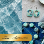 "A Diddit Aquamarine collage featuring a textured blue crystal stone background, a pair of square open-drop earrings with turquoise and cream marbled stones on silver hooks, a matching bracelet with round turquoise marbled stone links on a deep blue surface, and a gold banner reading 'Make Your Own Aquamarine'."