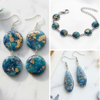 "A three-panel Diddit Aquamarine collage featuring blue marbled drop earrings and a matching bracelet with gold foil flakes, displayed on a light marble background."