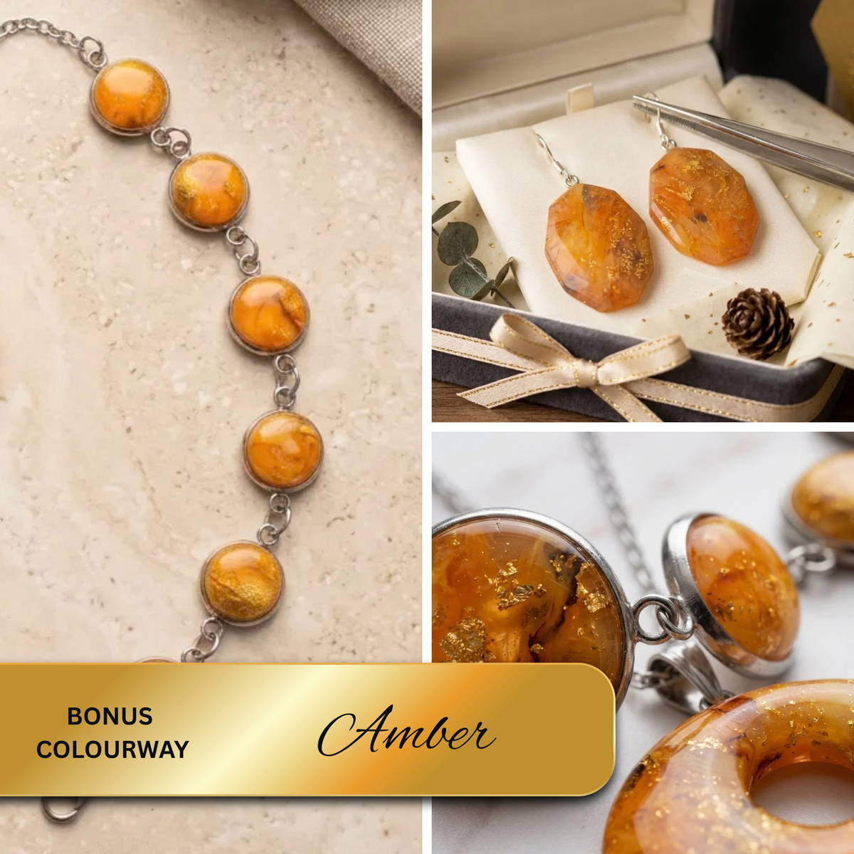 "A Diddit Amber bonus colourway collage featuring a close-up of a silver chain bracelet with round amber and gold marbled cabochons on a stone surface, a pair of irregular amber drop earrings with gold flecks displayed in a gift box with ribbon and pine cone, and a close-up of a round pendant and oval charms with gold leaf detail on silver findings, with a gold banner reading 'Bonus Colourway Amber'."