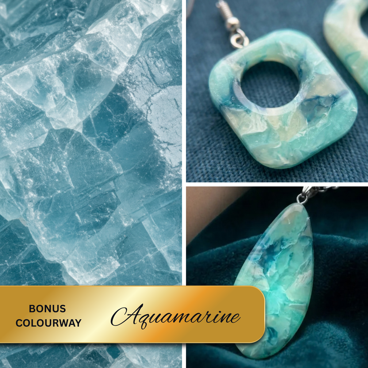 "A Diddit Aquamarine bonus colourway collage featuring a crystal cluster, a square ring drop earring, and a teardrop pendant, both crafted from marbled aquamarine stone with silver hooks."