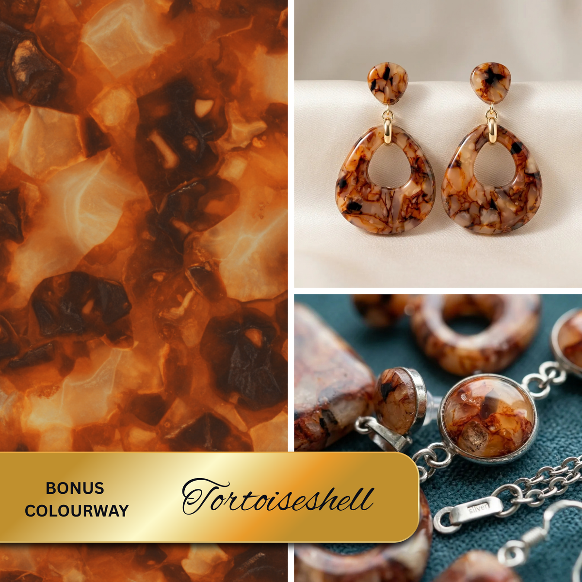 "A Diddit Tortoiseshell bonus colourway collage featuring a close-up of warm amber and brown tortoiseshell stone texture, a pair of open teardrop drop earrings with tortoiseshell pattern on gold hooks, and a close-up of a matching silver chain bracelet with round tortoiseshell cabochons on a teal surface, with a gold banner reading 'Bonus Colourway Tortoiseshell'."