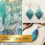 "A Diddit Ocean Effect bonus colourway collage featuring a close-up of marbled turquoise, aqua, and blue stone texture, a pair of diamond-shaped drop earrings with silver hooks on a light surface, and a matching teardrop pendant necklace on a cream surface with ribbon, with a gold banner reading 'Bonus Colourway Ocean Effect'."