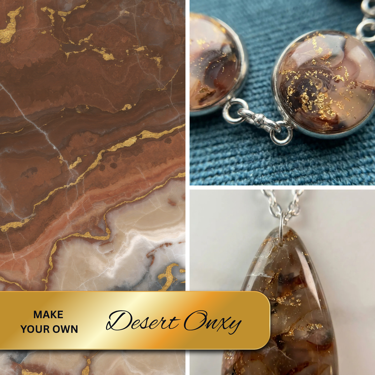 "A Diddit Desert Onyx collage featuring a large polished brown agate-style slab with gold veining, two oval pendant charms with embedded gold flakes on silver chains, and a teardrop pendant, with a banner reading 'Make Your Own Desert Onyx'."