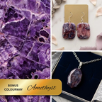 Amethyst gemstone jewelry set featuring a purple amethyst crystal necklace and matching rectangular drop earrings, displayed alongside a close-up of the amethyst texture and a gold banner reading 'BONUS COLOURWAY Amethyst' provided within a Diddit Jewellery Making Experience Kit.