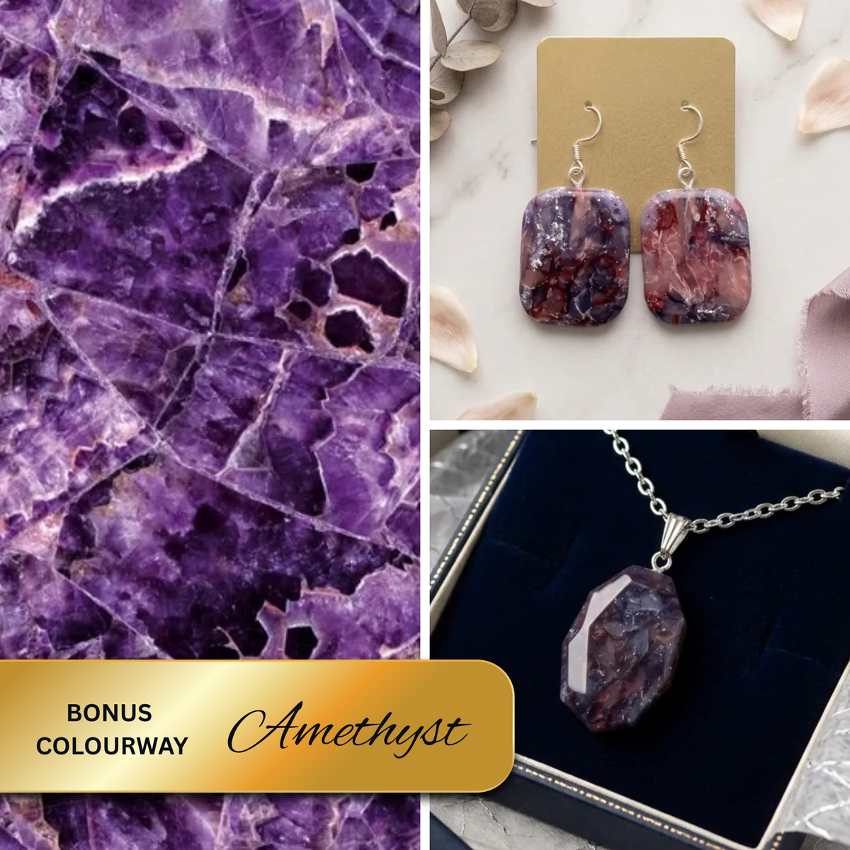 Amethyst gemstone jewelry set featuring a purple amethyst crystal necklace and matching rectangular drop earrings, displayed alongside a close-up of the amethyst texture and a gold banner reading 'BONUS COLOURWAY Amethyst' provided within a Diddit Jewellery Making Experience Kit.
