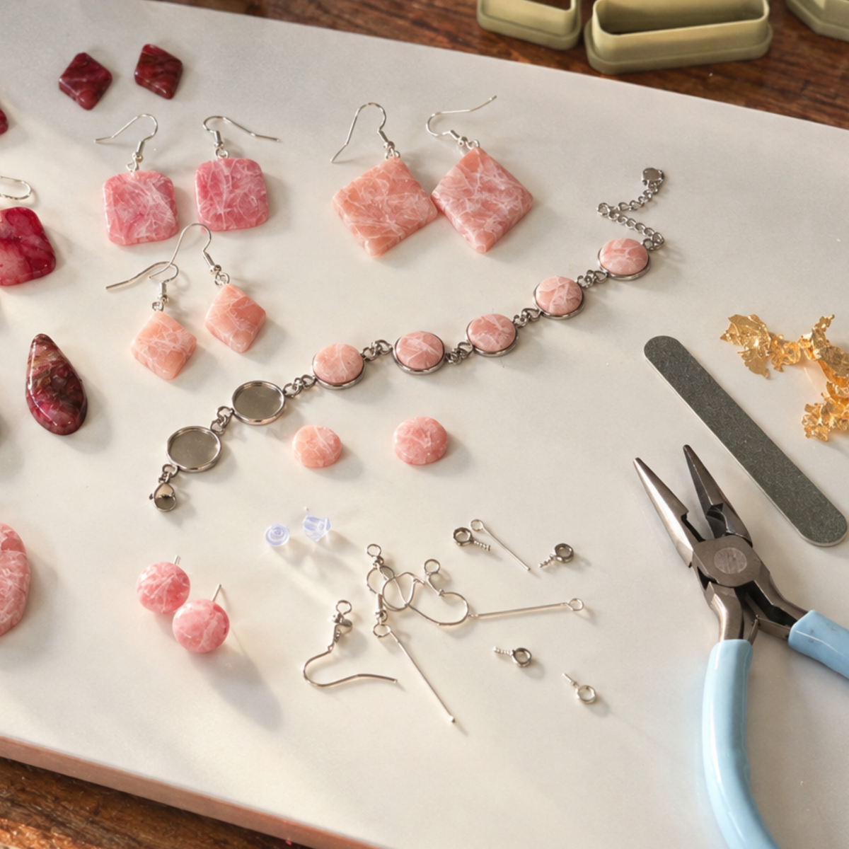 Jewelry-making supplies arranged on a white surface, including pink stone charms, silver earrings and chain links, pliers with blue handles, a nail file, and small tools provided within the Diddit Jewellery Making Experience Kit.