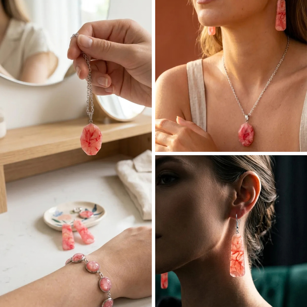 A three-panel collage showing pink stone jewelry worn and held by a person: a silver chain necklace with a pink marquise-shaped pendant, matching drop earrings, and a bracelet with pink oval stones. The right panels show the jewelry on a model, and the left panel shows the bracelet on a wrist with matching earrings on a small dish nearby.
