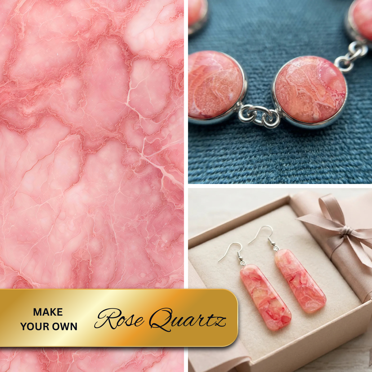 A collage showing pink rose quartz material swatches, close-up jewelry settings with round pink stone pieces, and rectangular pink stone earrings displayed in a gift box made by Diddit. Text on the banner reads 'MAKE YOUR OWN Rose Quartz'.