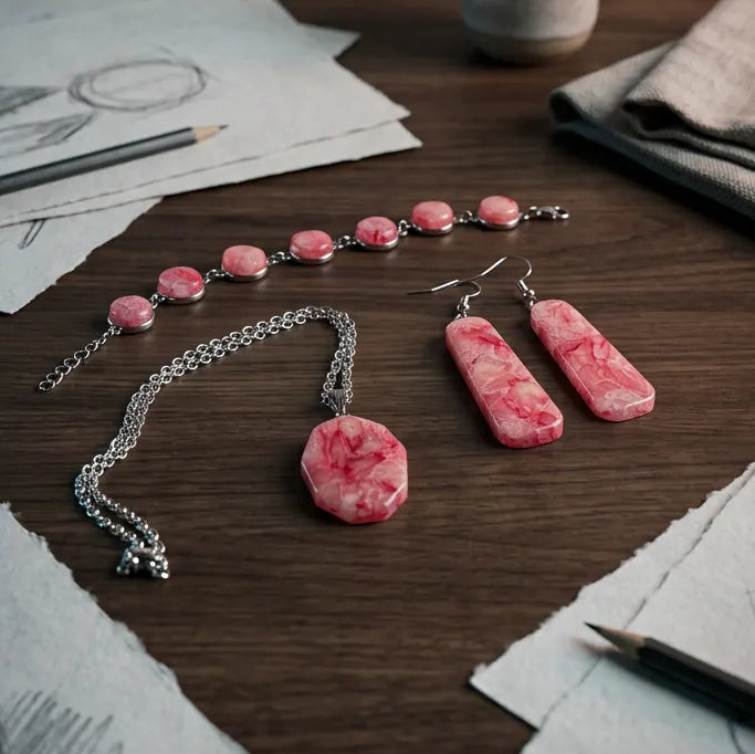 A jewelry set featuring pink marbled stone pieces, including a pendant necklace, a bracelet, and a pair of drop earrings, arranged on a dark wooden desk with papers and pencils.