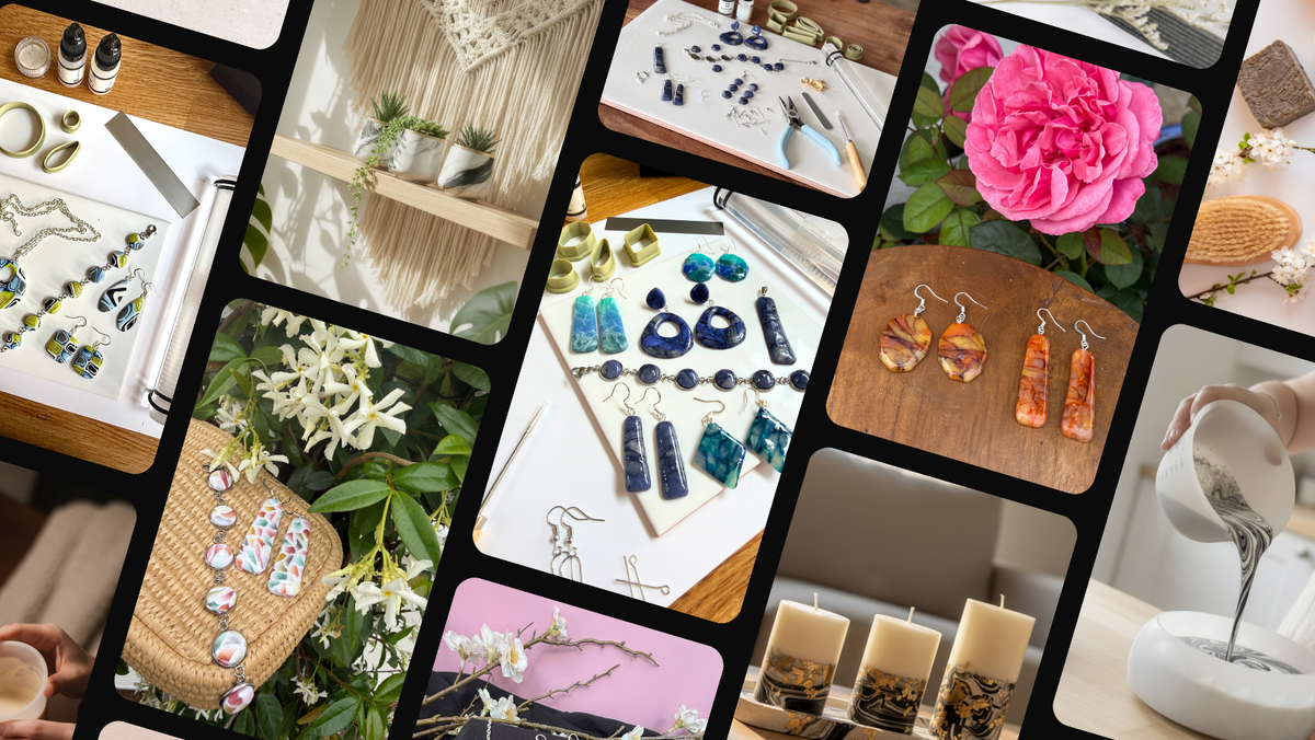 A collage of multiple lifestyle and product photos arranged in a black-bordered grid. The images show jewelry-making supplies, earrings, crystals, flowers, candles, woven accessories, and a hand pouring liquid, suggesting a craft or handmade goods theme.