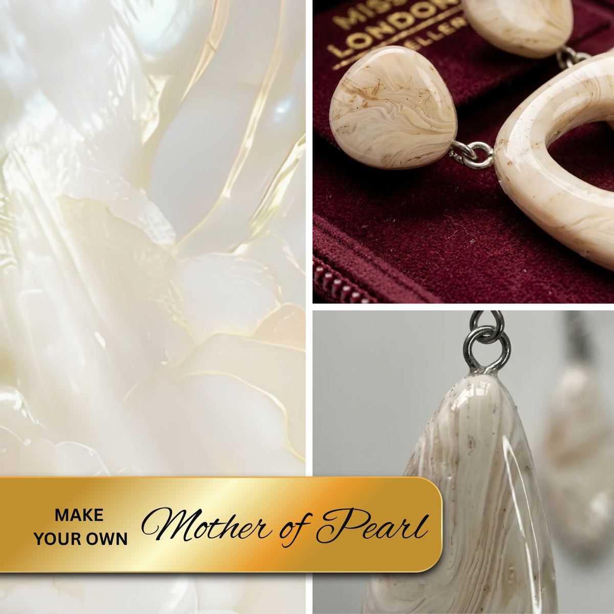 Diddit Mother of Pearl jewellery making experience kit collage with iridescent clay texture, finished earrings and teardrop pendant. Text: ‘MAKE YOUR OWN Mother of Pearl’.
