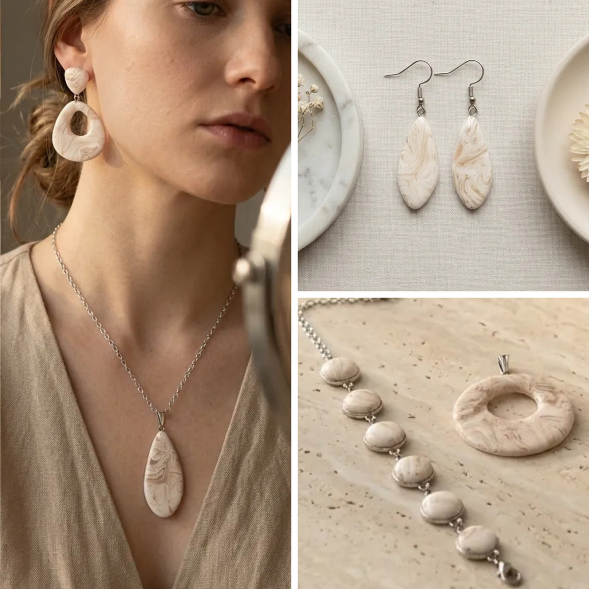 "A collage of finished Diddit Mother of Pearl jewellery pieces, including a woman wearing a teardrop pendant necklace and matching earrings, alongside a bracelet and earrings laid out on a light textured surface."