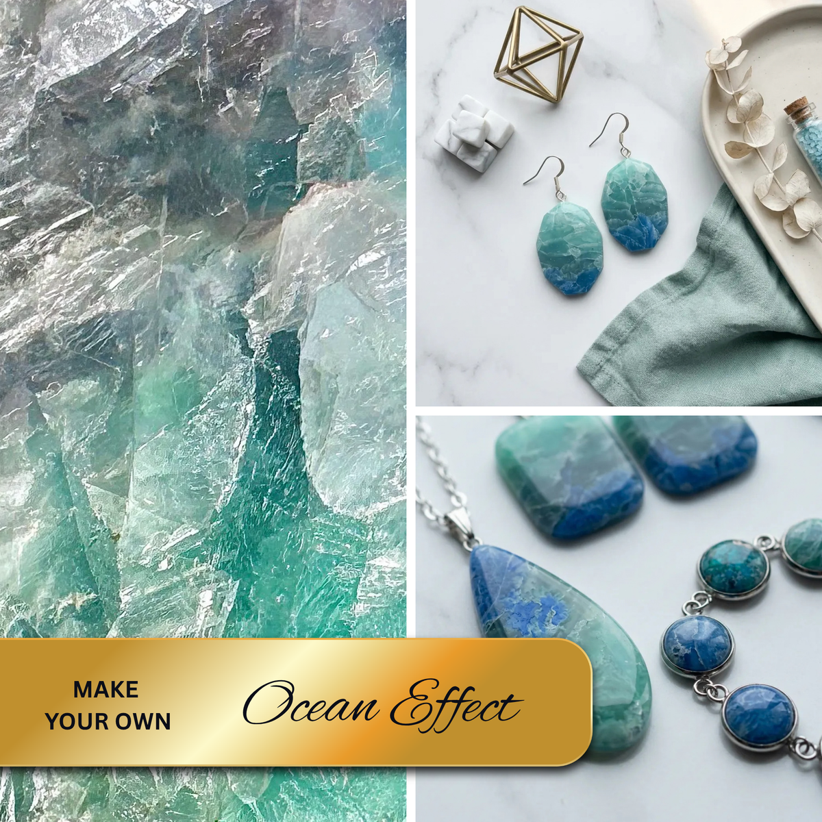 "A Diddit Ocean Effect collage featuring ocean-inspired aqua and blue marbled stone textures, earrings, a pendant, a bracelet, and small crystals on a marble surface, with a gold banner reading 'Make Your Own Ocean Effect'."