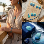"A three-panel Diddit Ocean Effect collage featuring a woman wearing a matching teardrop pendant necklace and bracelet outdoors by the water, a flat-lay of earrings, necklace, and bracelet arranged on a craft card, and a close-up of blue-green marbled stone pendants displayed on blue velvet ."