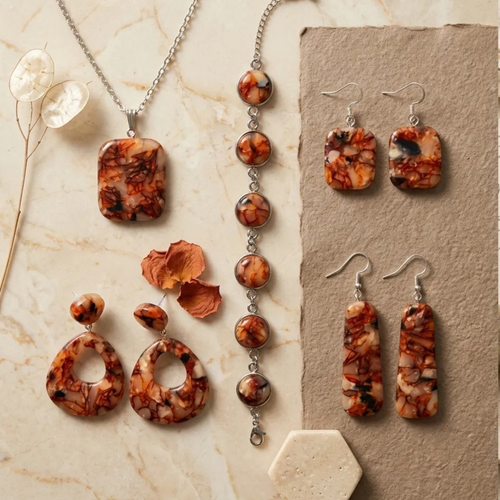 "A Diddit Tortoiseshell jewellery collection flat-lay on a light marble surface, featuring a rectangular pendant necklace, a silver chain bracelet with round cabochons, open teardrop drop earrings, square drop earrings, and long rectangular drop earrings, all crafted from marbled orange, cream, and black tortoiseshell patterned stone with silver-tone findings, styled with dried flowers and petals."