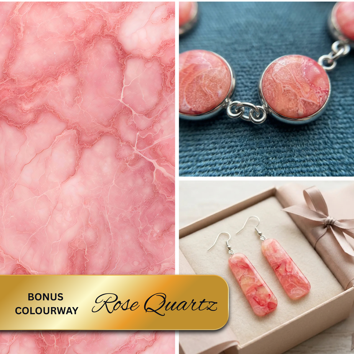 "A Diddit Rose Quartz collage featuring a pink marbled texture colour swatch panel with a gold banner reading 'Bonus Colourway Rose Quartz', a close-up of a matching bracelet, and a pair of Rose Quartz drop earrings."