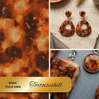 "A Diddit Tortoiseshell collage featuring a close-up of warm amber and brown tortoiseshell stone texture, a pair of open teardrop drop earrings with tortoiseshell pattern on a stone surface with linen fabric, and a close-up of a square pendant and round cabochon charm on a silver chain on a blue surface, with a gold banner reading 'Make Your Own Tortoiseshell'."