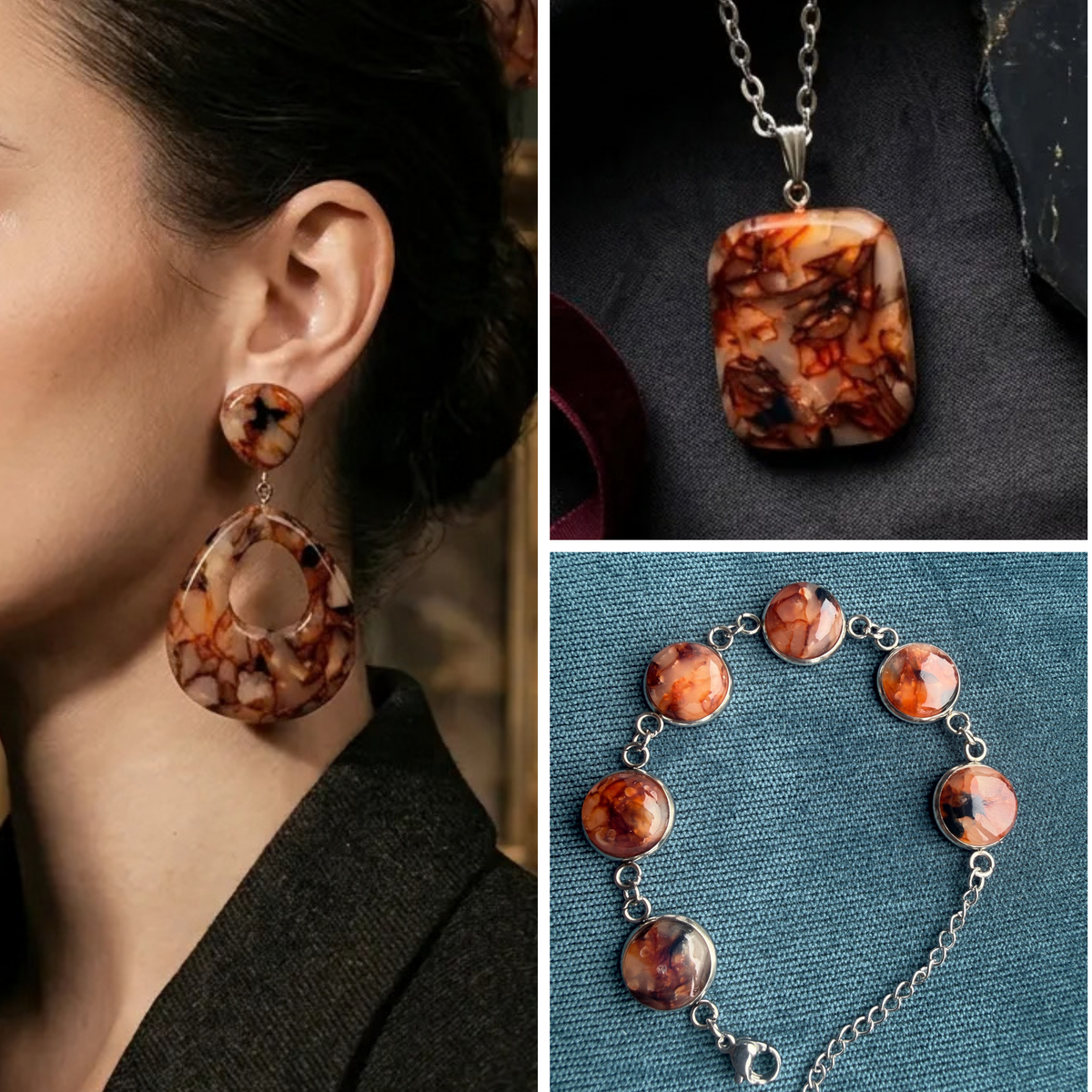 "A three-panel Diddit Tortoiseshell collage featuring a close-up of a woman wearing open teardrop drop earrings with marbled orange, brown, and cream tortoiseshell pattern, a rectangular pendant necklace on a silver chain displayed on a dark surface, and a silver bracelet with round tortoiseshell cabochons on a teal surface."
